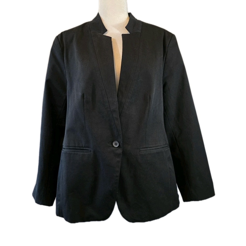 Old Navy Blazer Women XL Black One Button Collarless Lined Stretch Career Modern